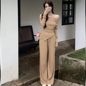 Micas,  Off Shoulder Ruched Asymmetric Top and Straight Leg Pants Set